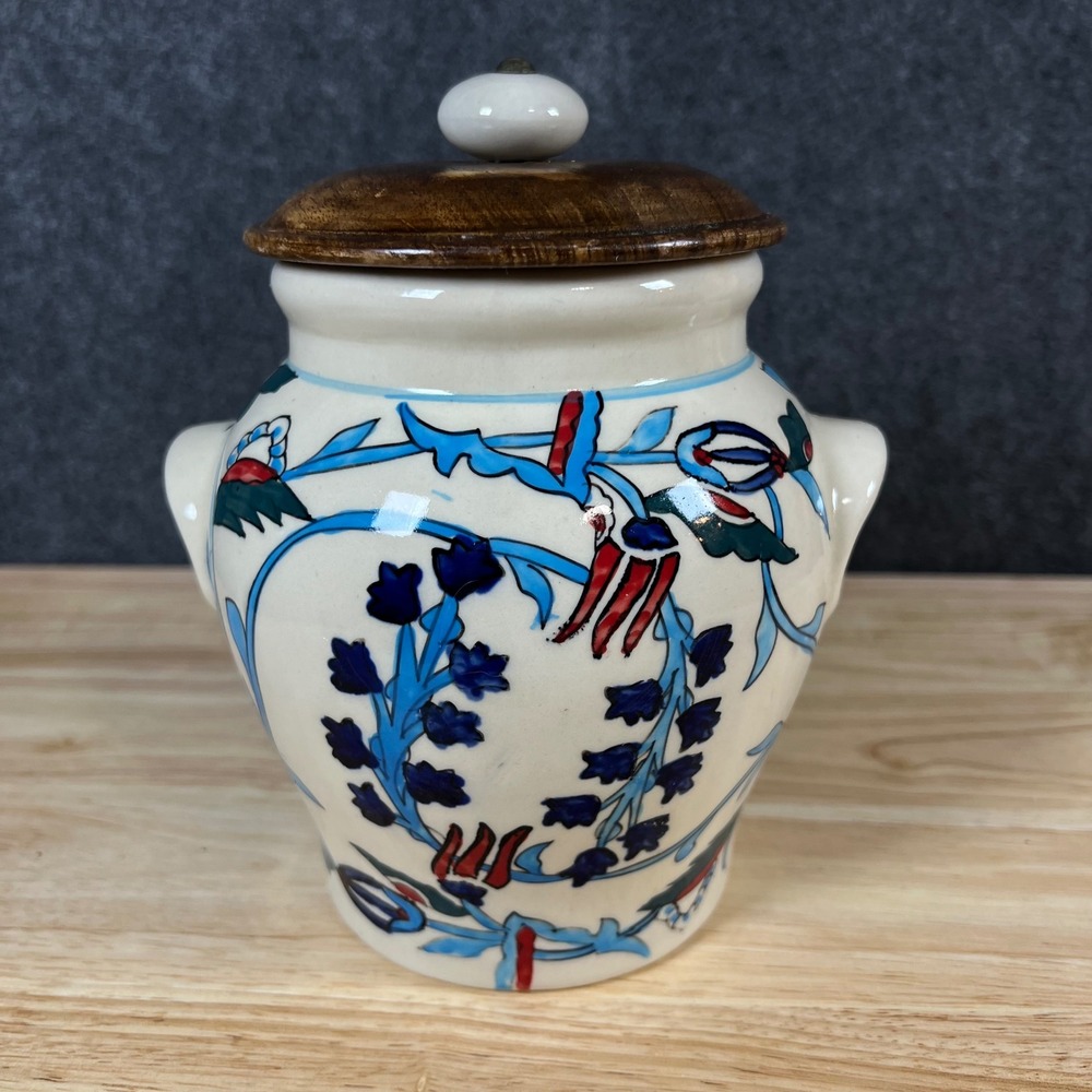 Pier 1 Hand Painted India Floral Ceramic Canister with Wood Lid 6.5"